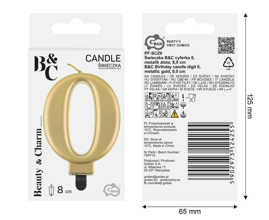 Birthday candle digit 0, metallic gold, 8.0 cm